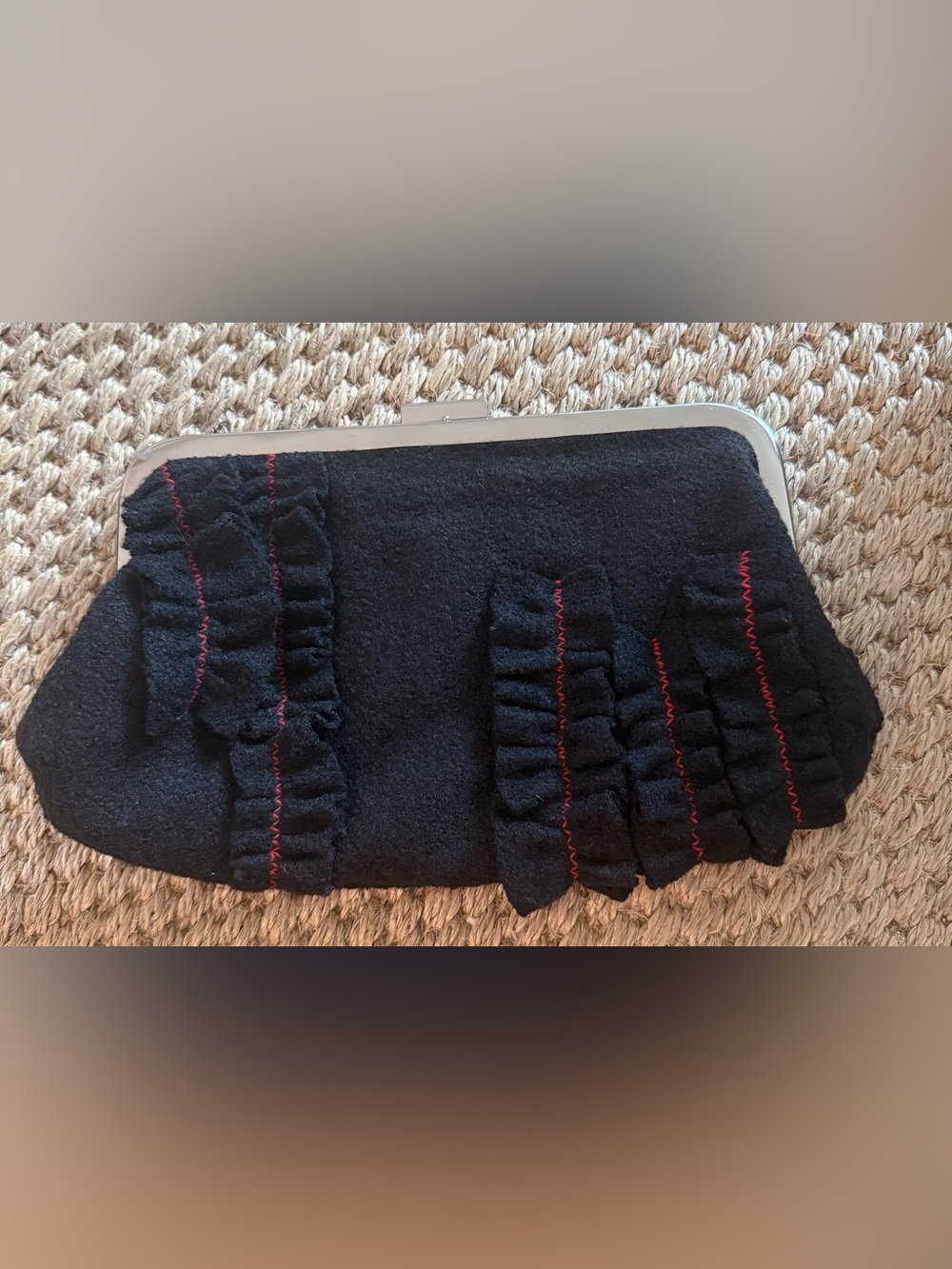 HUE Black Ruffled Wool-Blend Clutch with Red Stitching